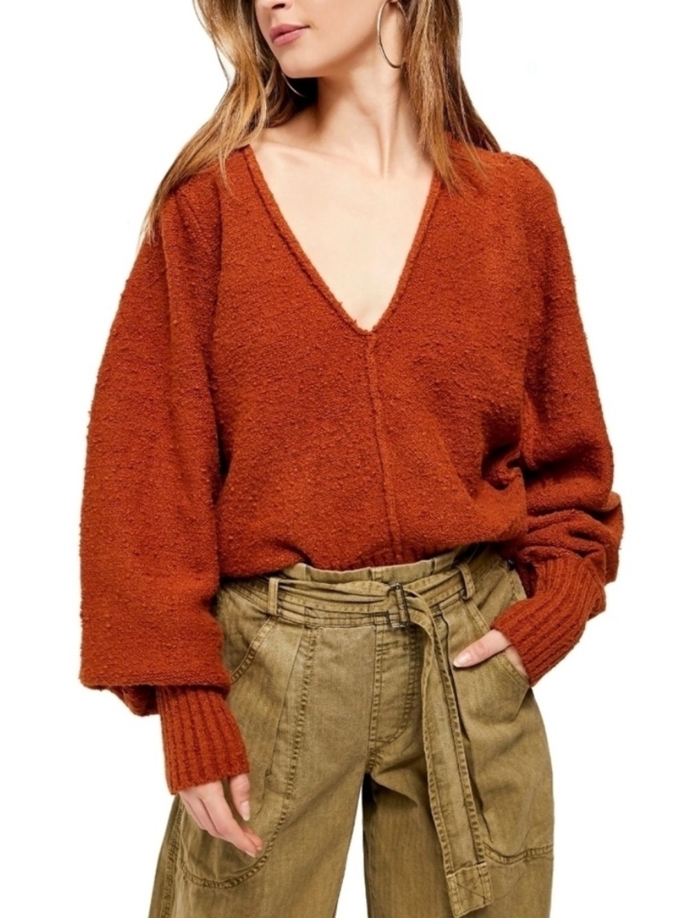 Free People Reverie V-Neck Sweater Small Burnt Orange Rust Textured Knit